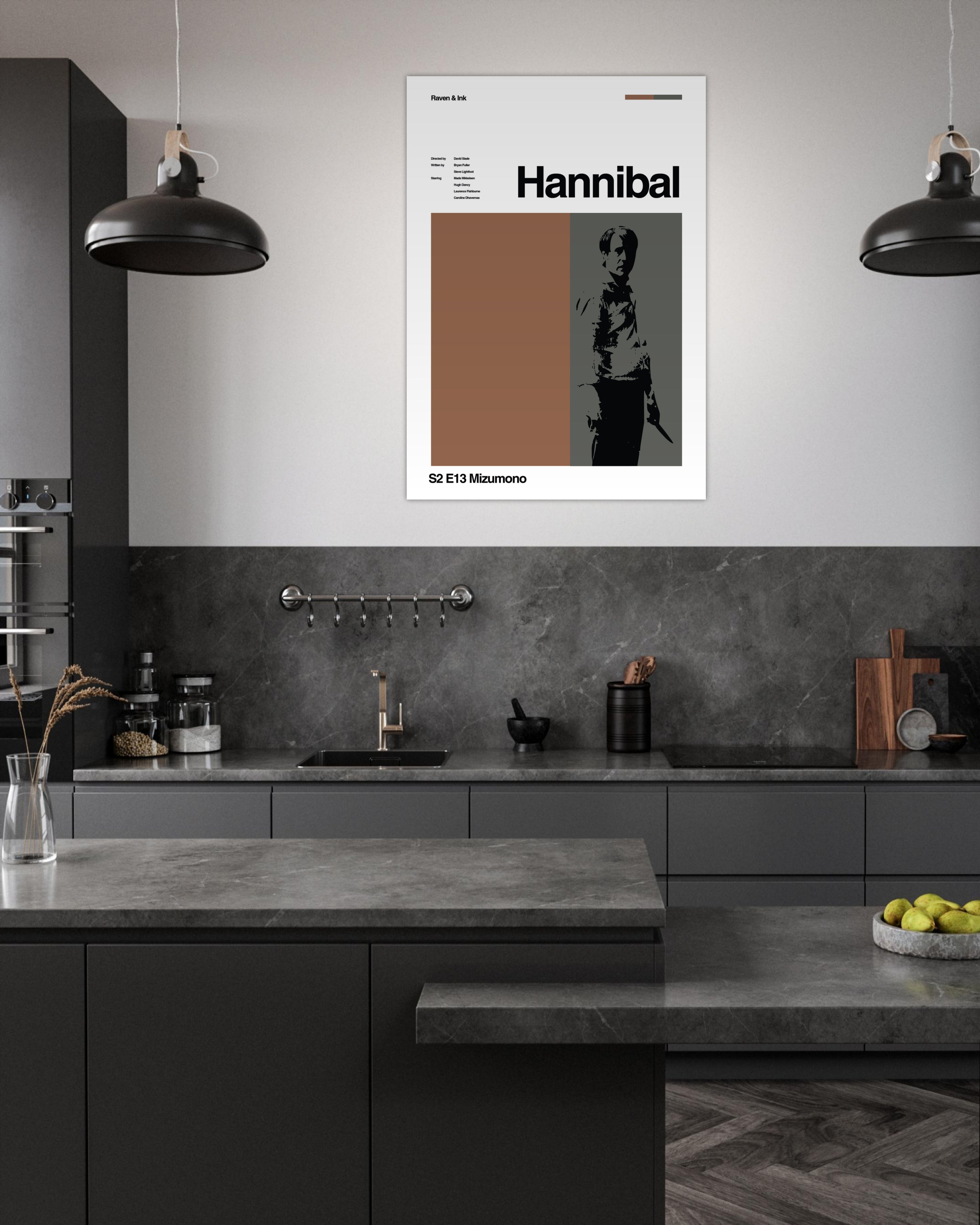 Kitchen interior with a 'Hannibal' poster on the wall